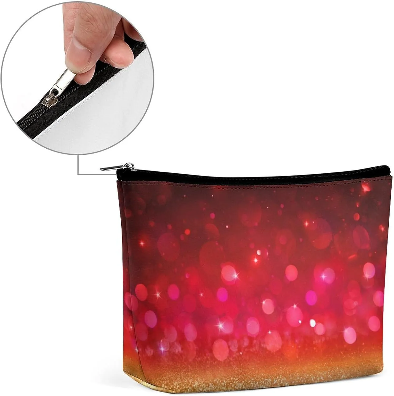 Red Travel Makeup Bag with Zipper, Glitter Red Golden Galaxy Leather Makeup pouch Toiletry Bag,Portable Cosmetic Bag,Waterproof Toiletry Bag for Women