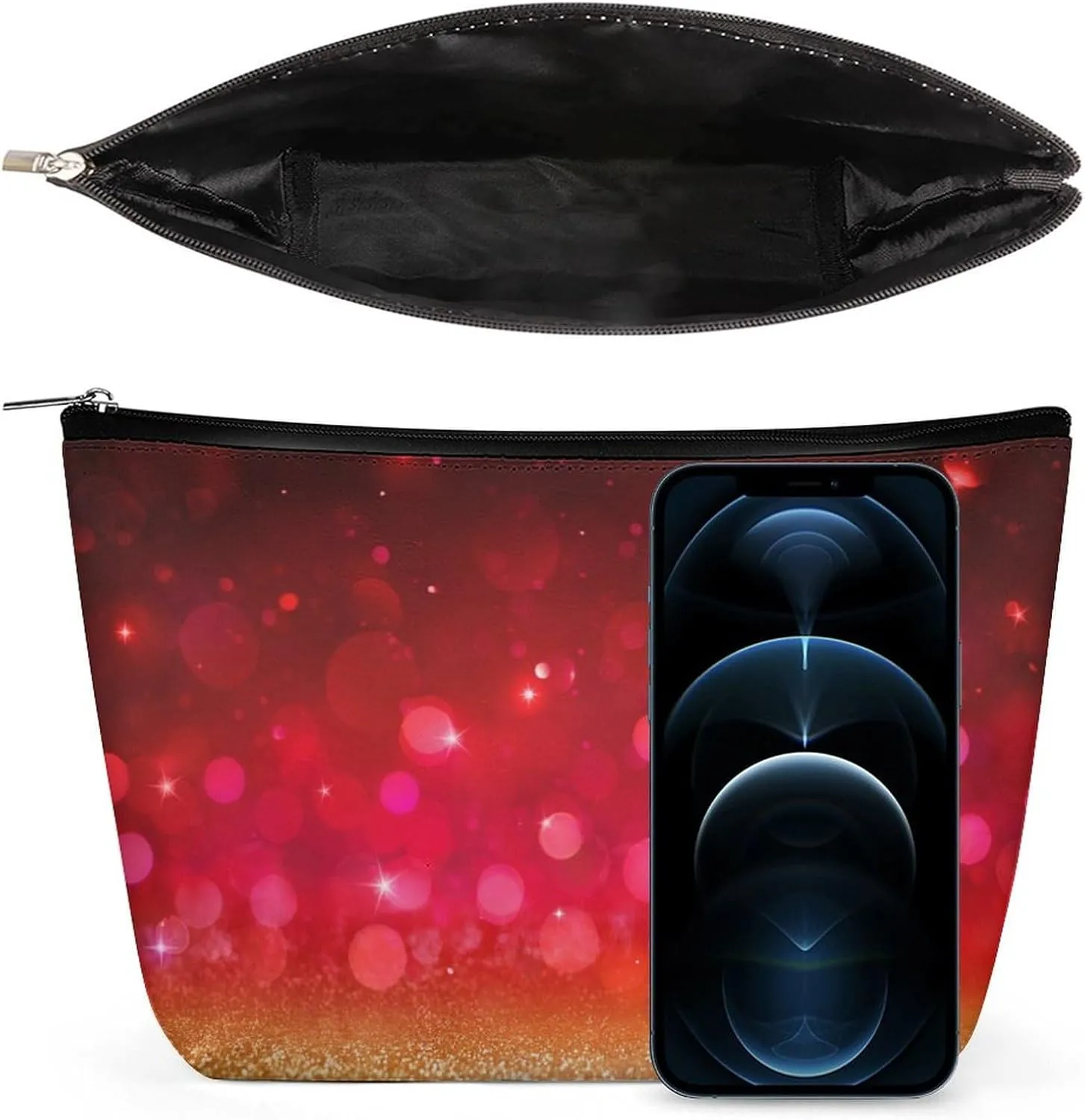 Red Travel Makeup Bag with Zipper, Glitter Red Golden Galaxy Leather Makeup pouch Toiletry Bag,Portable Cosmetic Bag,Waterproof Toiletry Bag for Women