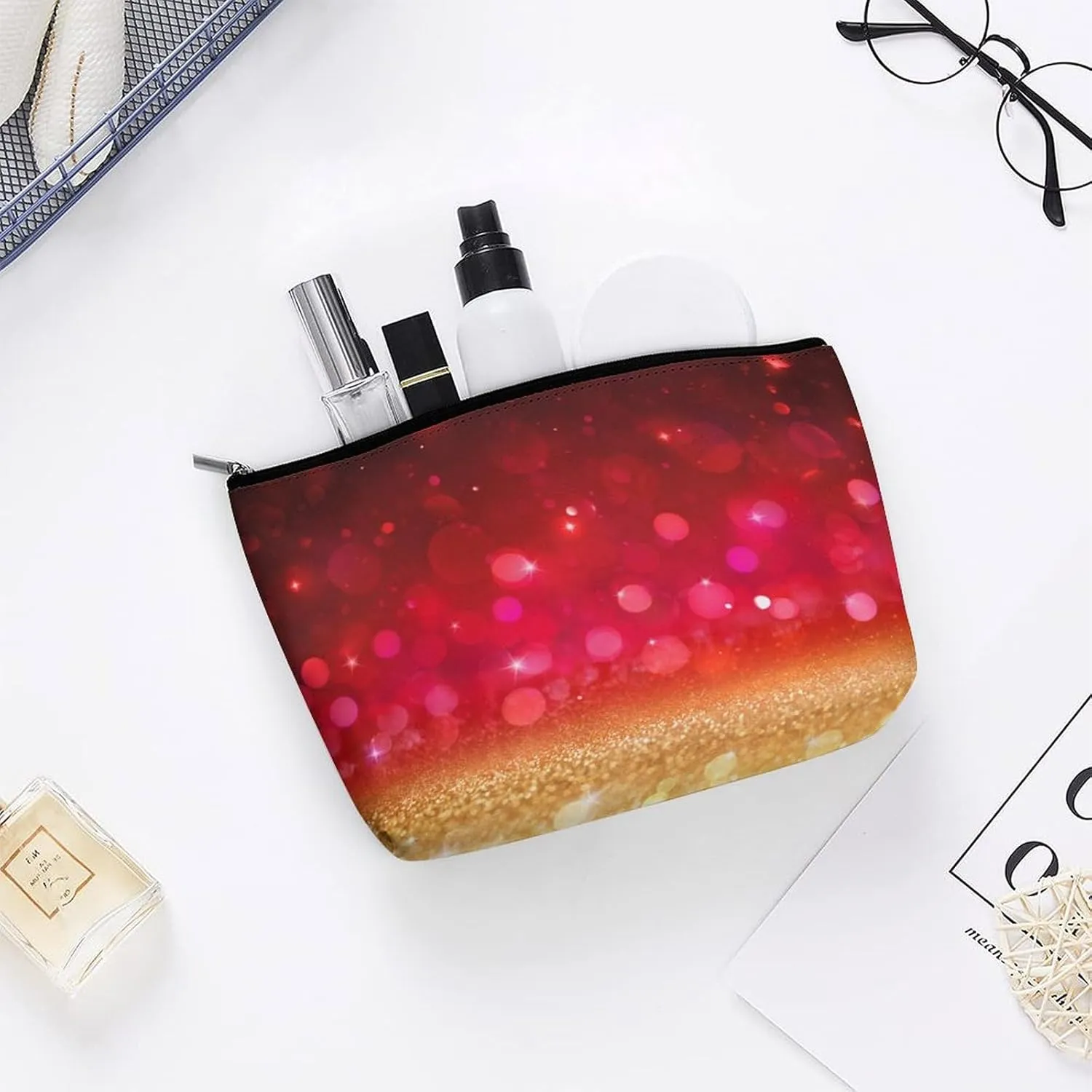 Red Travel Makeup Bag with Zipper, Glitter Red Golden Galaxy Leather Makeup pouch Toiletry Bag,Portable Cosmetic Bag,Waterproof Toiletry Bag for Women