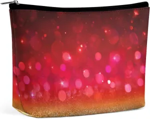 Red Travel Makeup Bag with Zipper, Glitter Red Golden Galaxy Leather Makeup pouch Toiletry Bag,Portable Cosmetic Bag,Waterproof Toiletry Bag for Women