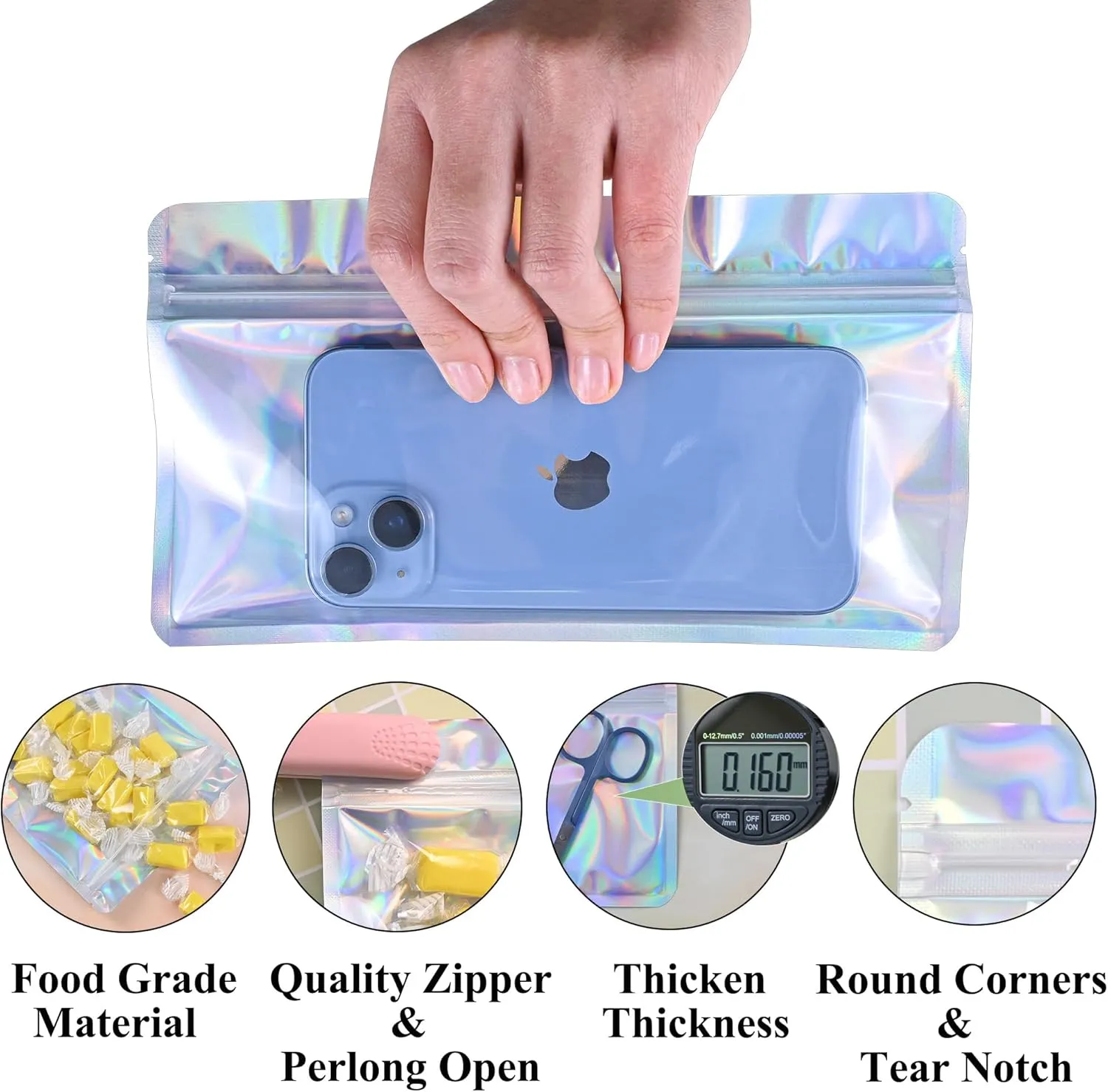Resealable Mylar Pouch Holographic Bag Great for Office Home Party Favor Food Storage Cookies Sample Jewelry Snack (100PCS, Holographic Color, 5 x 8.6 inch)