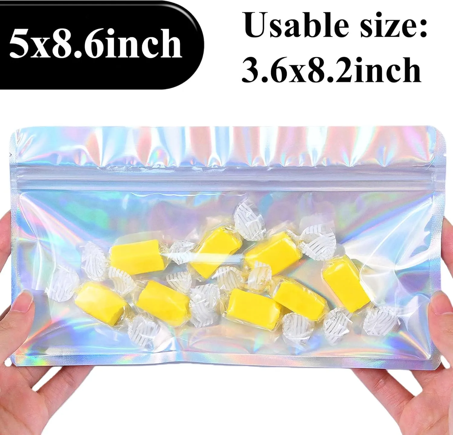 Resealable Mylar Pouch Holographic Bag Great for Office Home Party Favor Food Storage Cookies Sample Jewelry Snack (100PCS, Holographic Color, 5 x 8.6 inch)
