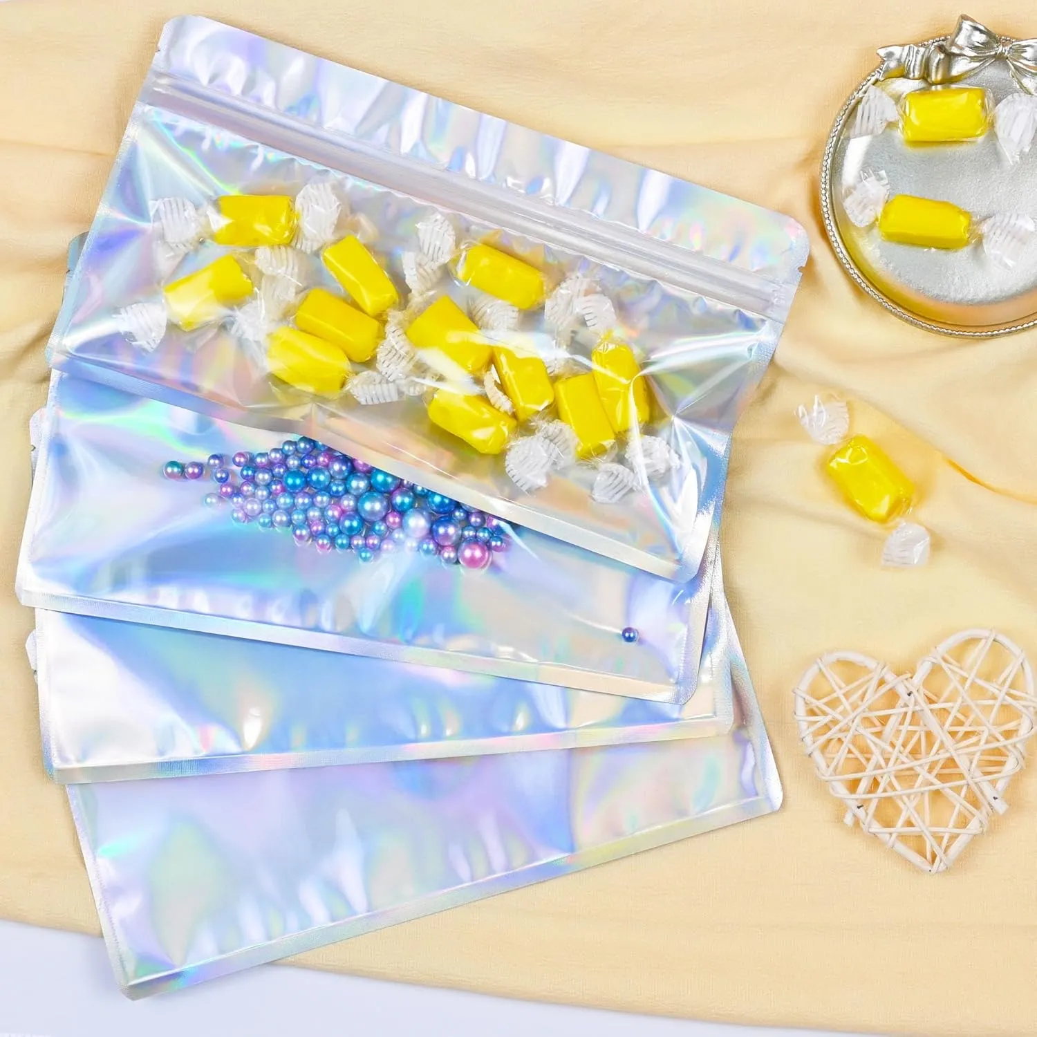 Resealable Mylar Pouch Holographic Bag Great for Office Home Party Favor Food Storage Cookies Sample Jewelry Snack (100PCS, Holographic Color, 5 x 8.6 inch)