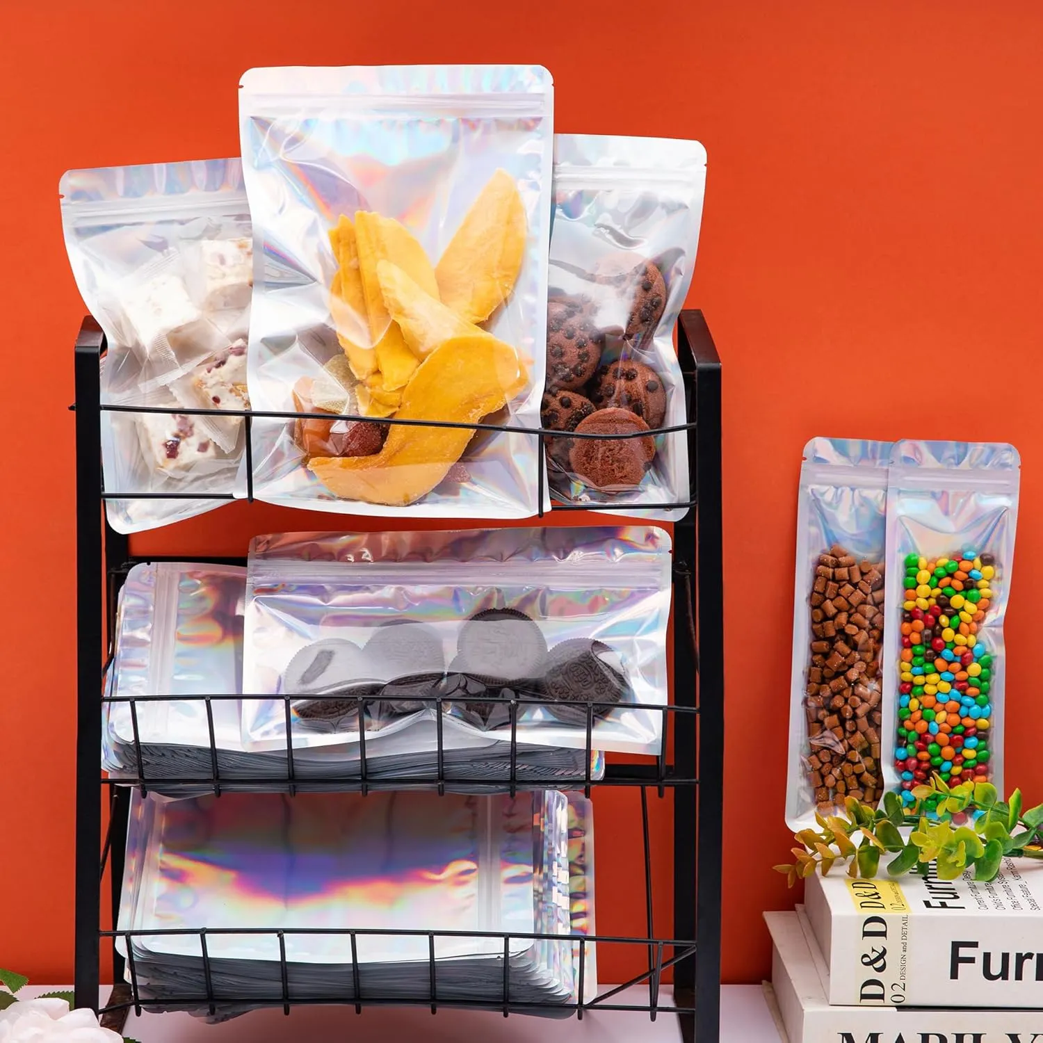 Resealable Mylar Pouch Holographic Bag Great for Office Home Party Favor Food Storage Cookies Sample Jewelry Snack (100PCS, Holographic Color, 5 x 8.6 inch)