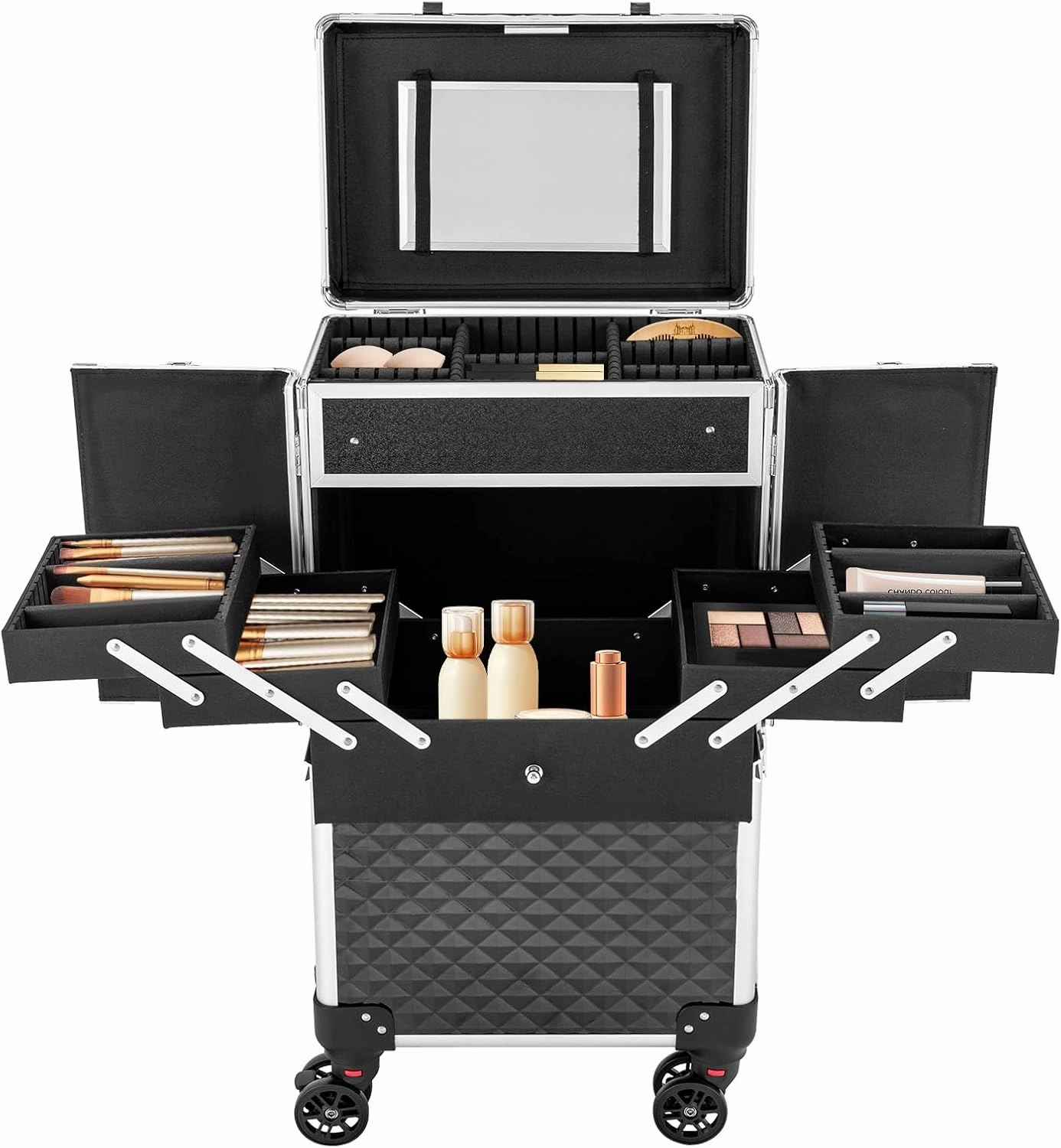 Rolling Makeup Train Case, Makeup Storage Organizer Large Storage Cosmetic Trolley with Mirror Cosmetic Rolling Makeup Case for Professional Make-Up Artists, Hair Stylists, Beauticians