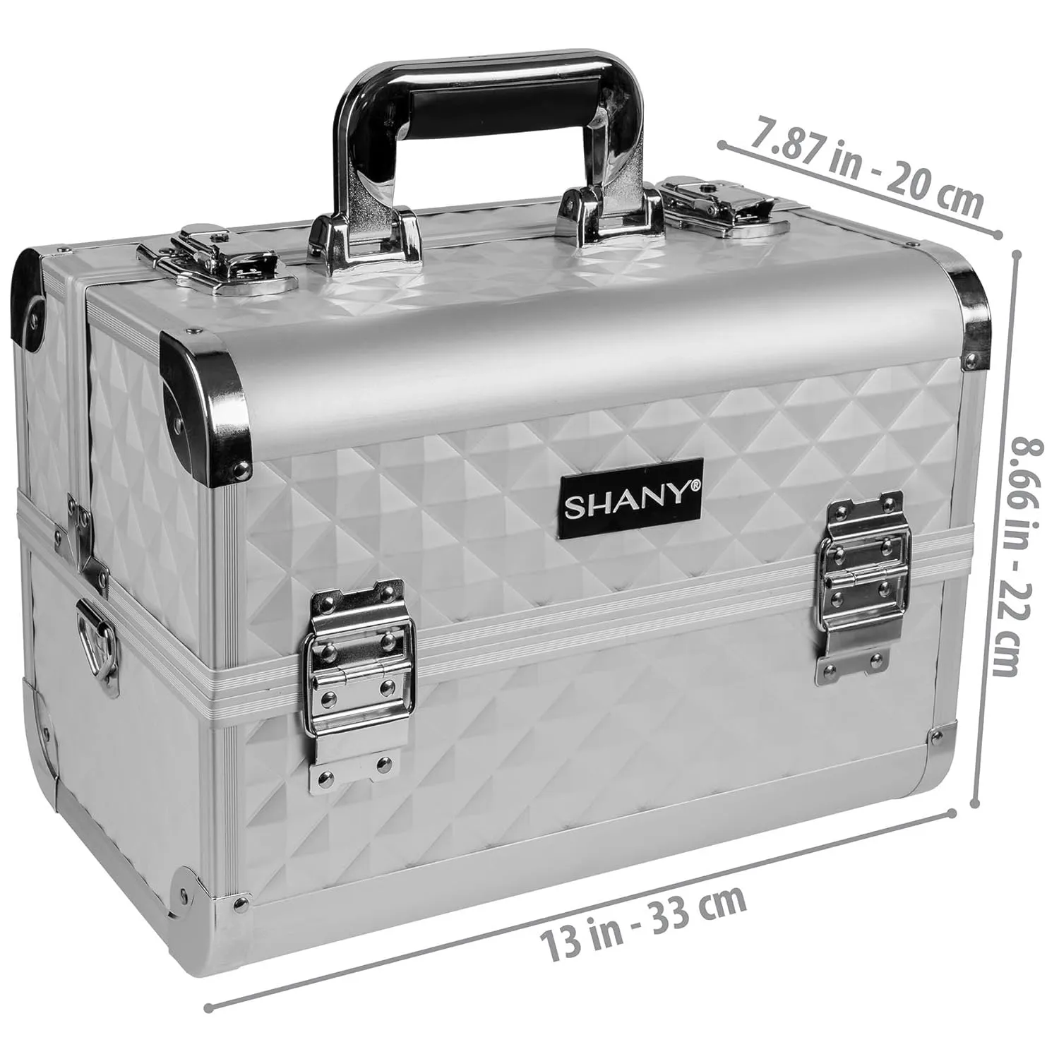 SHANY Premier Fantasy Professional Makeup Train Case Cosmetic Box Portable Makeup Case Organizer Jewelry storage with Locks, 3 Trays, Makeup Brush Holder and Cosmetics Mirror - Silver Diamond