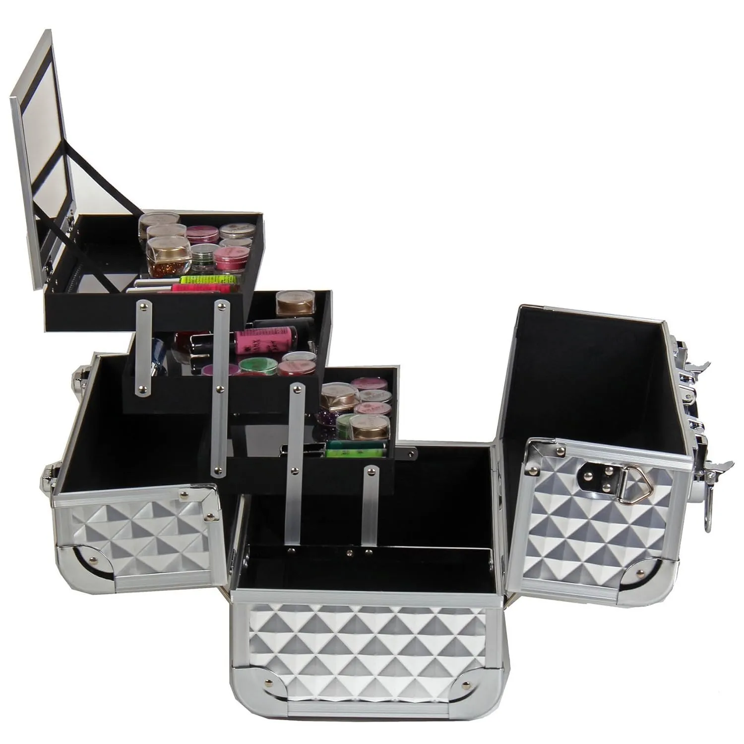 SHANY Premier Fantasy Professional Makeup Train Case Cosmetic Box Portable Makeup Case Organizer Jewelry storage with Locks, 3 Trays, Makeup Brush Holder and Cosmetics Mirror - Silver Diamond