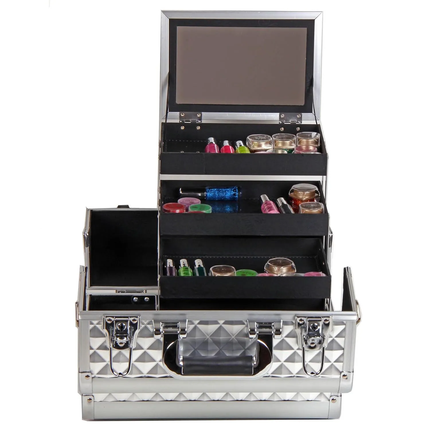 SHANY Premier Fantasy Professional Makeup Train Case Cosmetic Box Portable Makeup Case Organizer Jewelry storage with Locks, 3 Trays, Makeup Brush Holder and Cosmetics Mirror - Silver Diamond