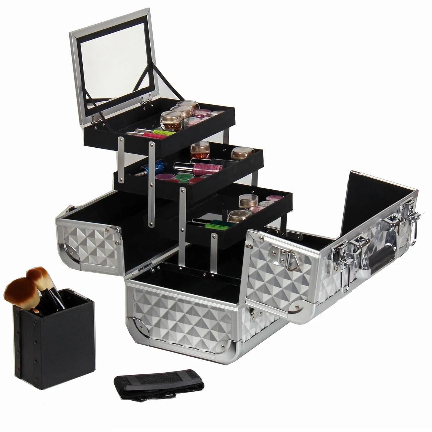 SHANY Premier Fantasy Professional Makeup Train Case Cosmetic Box Portable Makeup Case Organizer Jewelry storage with Locks, 3 Trays, Makeup Brush Holder and Cosmetics Mirror - Silver Diamond