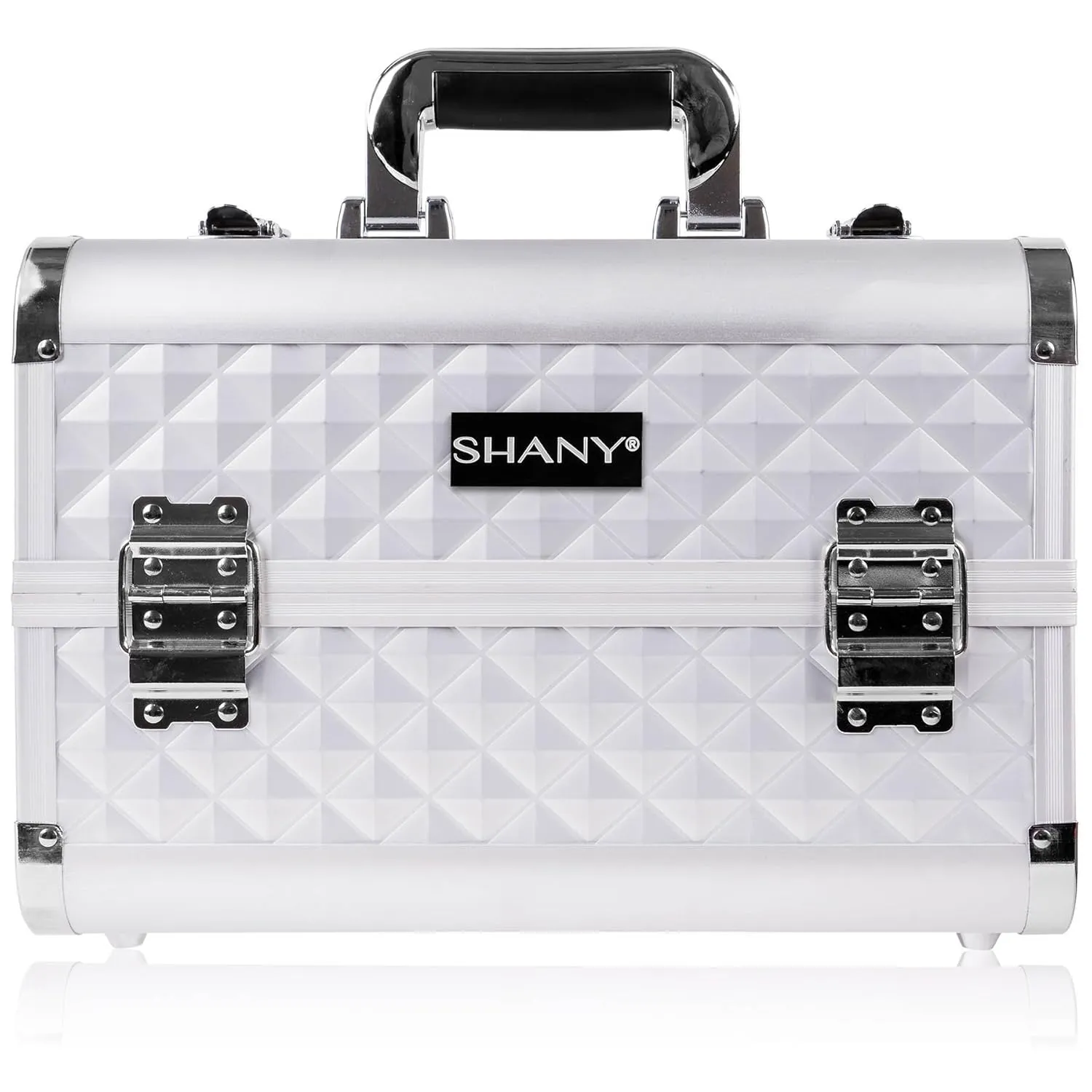 SHANY Premier Fantasy Professional Makeup Train Case Cosmetic Box Portable Makeup Case Organizer Jewelry storage with Locks, 3 Trays, Makeup Brush Holder and Cosmetics Mirror - Silver Diamond