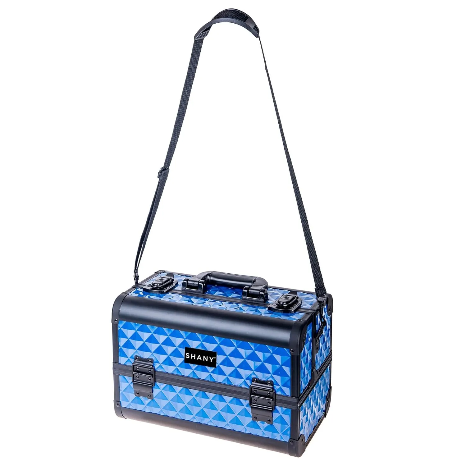SHANY Premier Fantasy Professional Makeup Train Case Cosmetic Box Portable Makeup Case Organizer Jewelry storage with Locks, 3 Trays,Makeup Brush Holder and Cosmetics Mirror - Divine Blue