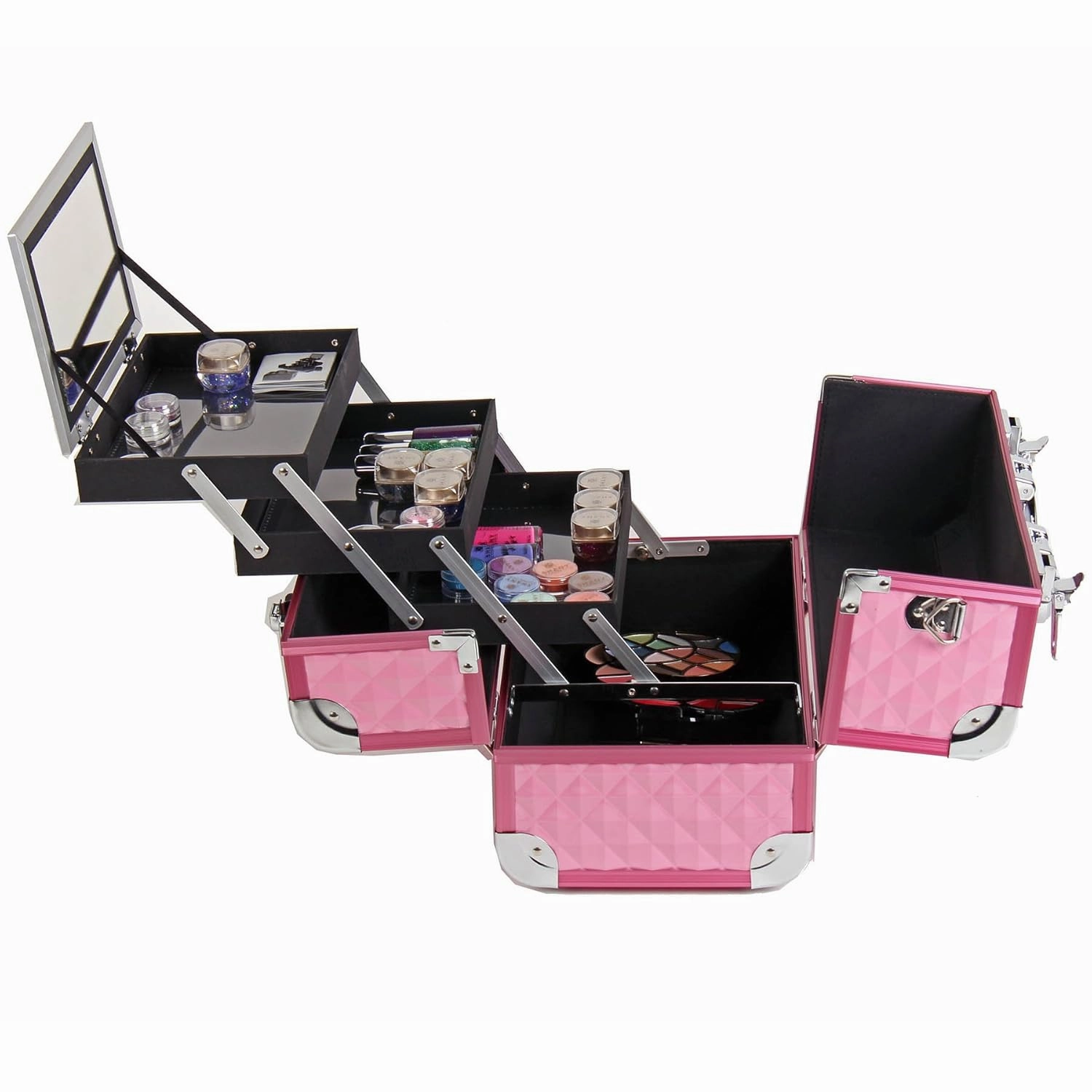 SHANY Premier Fantasy Professional Makeup Train Case Cosmetic Box Portable Makeup Case Organizer Jewelry storage with Locks, 3 Trays, Makeup Brush Holder and Cosmetics Mirror - Pink Diamond