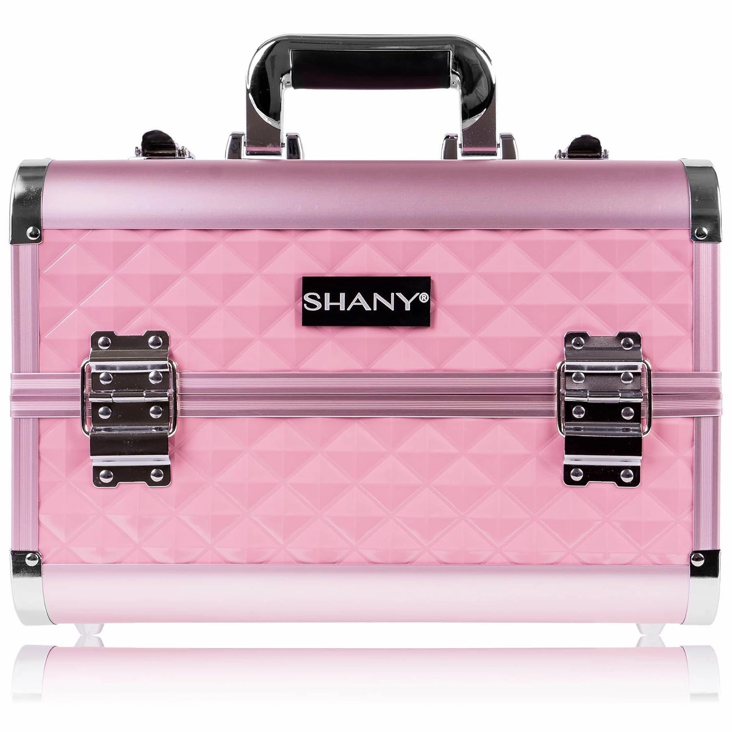 SHANY Premier Fantasy Professional Makeup Train Case Cosmetic Box Portable Makeup Case Organizer Jewelry storage with Locks, 3 Trays, Makeup Brush Holder and Cosmetics Mirror - Pink Diamond