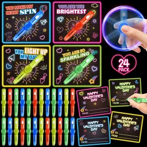 Shemira 24 Pack Valentines Day Cards for Kids, 24 Light Up Spinning Toy Pens for Valentines Gifts Exchange, Valentine School Classroom Favors for Kids Boys Girls, Valentines Cards for Kids