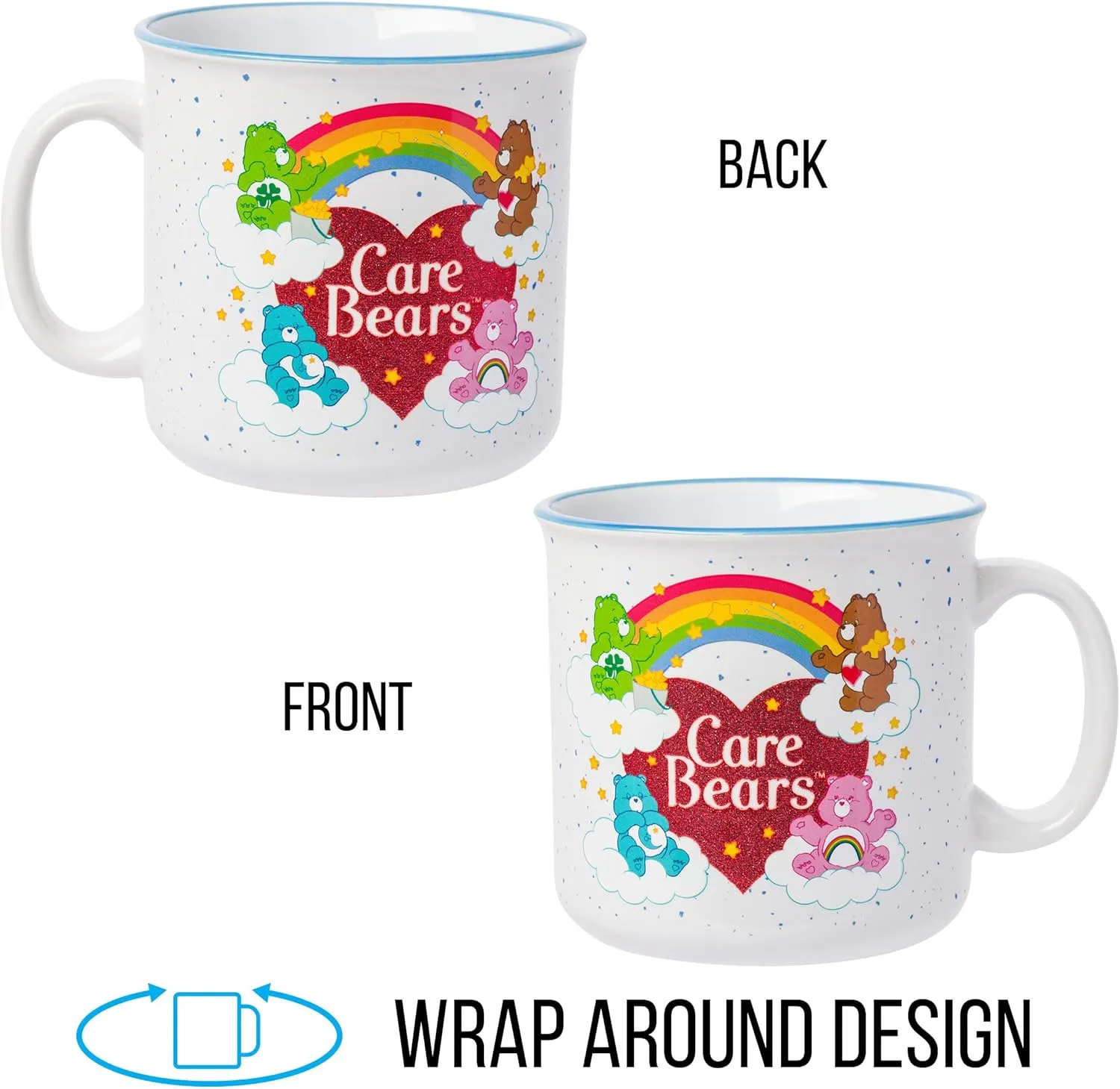 Silver Buffalo Care Bears Featuring Good Luck, Tenderheart, Bedtime, and Cheer Bear Rainbow Heart Ceramic Camper Mug, 20 Ounces