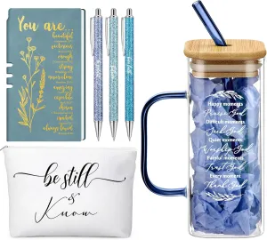 Skylety 6 Pcs Christian Gifts Prayer Journal with Pens Makeup Bag Glass Cup Bible Study Supplies Religious Appreciation Gifts for Women Men Employee Coworker(Blue)