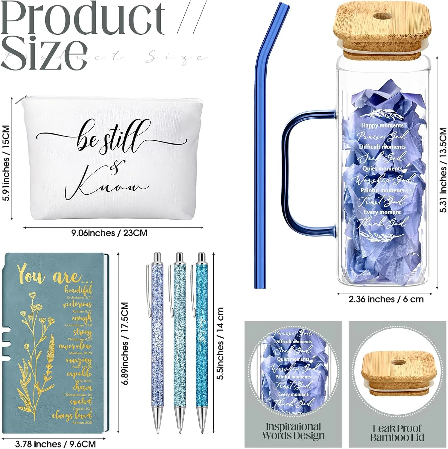Skylety 6 Pcs Christian Gifts Prayer Journal with Pens Makeup Bag Glass Cup Bible Study Supplies Religious Appreciation Gifts for Women Men Employee Coworker(Blue)