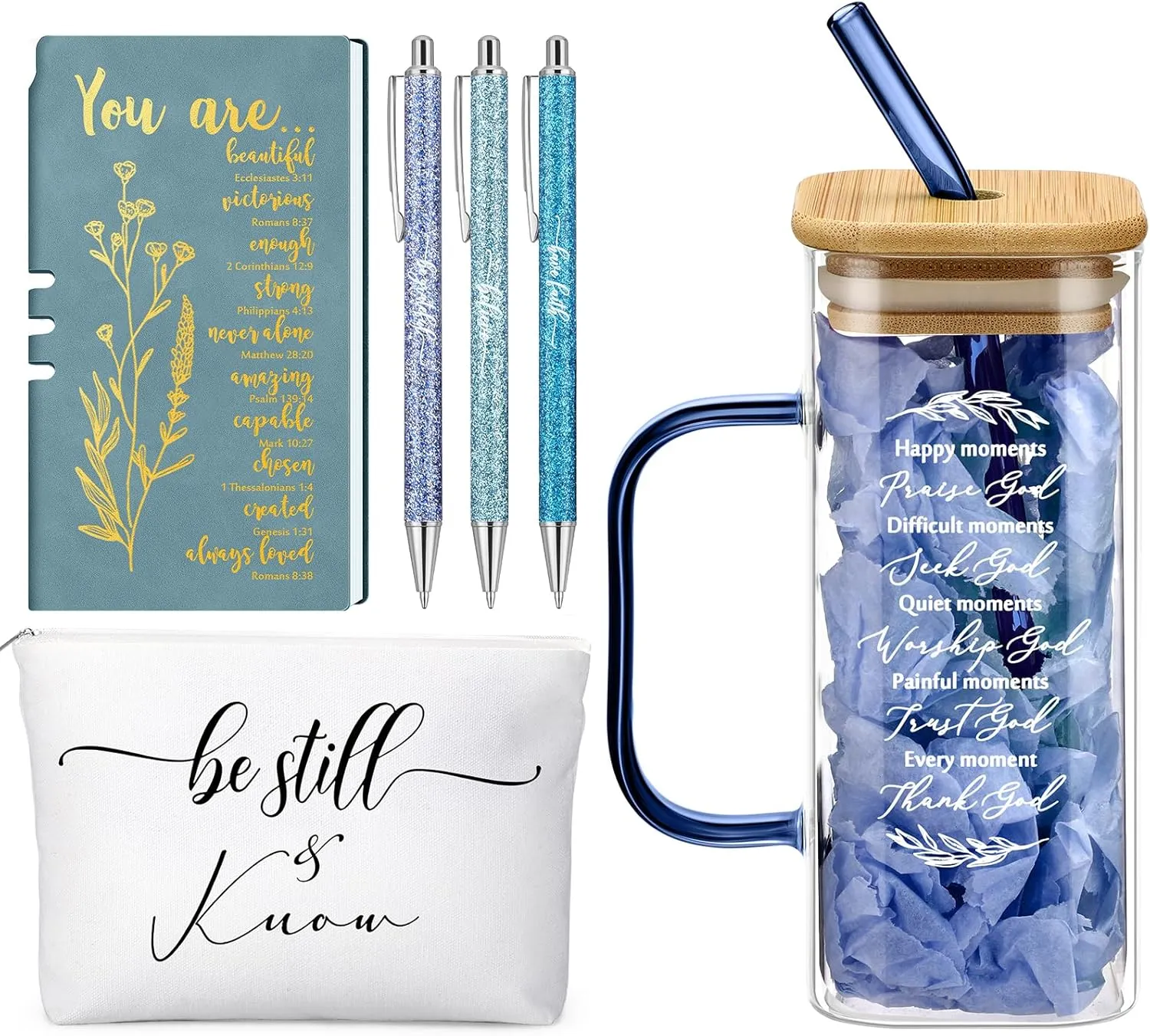 Skylety 6 Pcs Christian Gifts Prayer Journal with Pens Makeup Bag Glass Cup Bible Study Supplies Religious Appreciation Gifts for Women Men Employee Coworker(Blue)