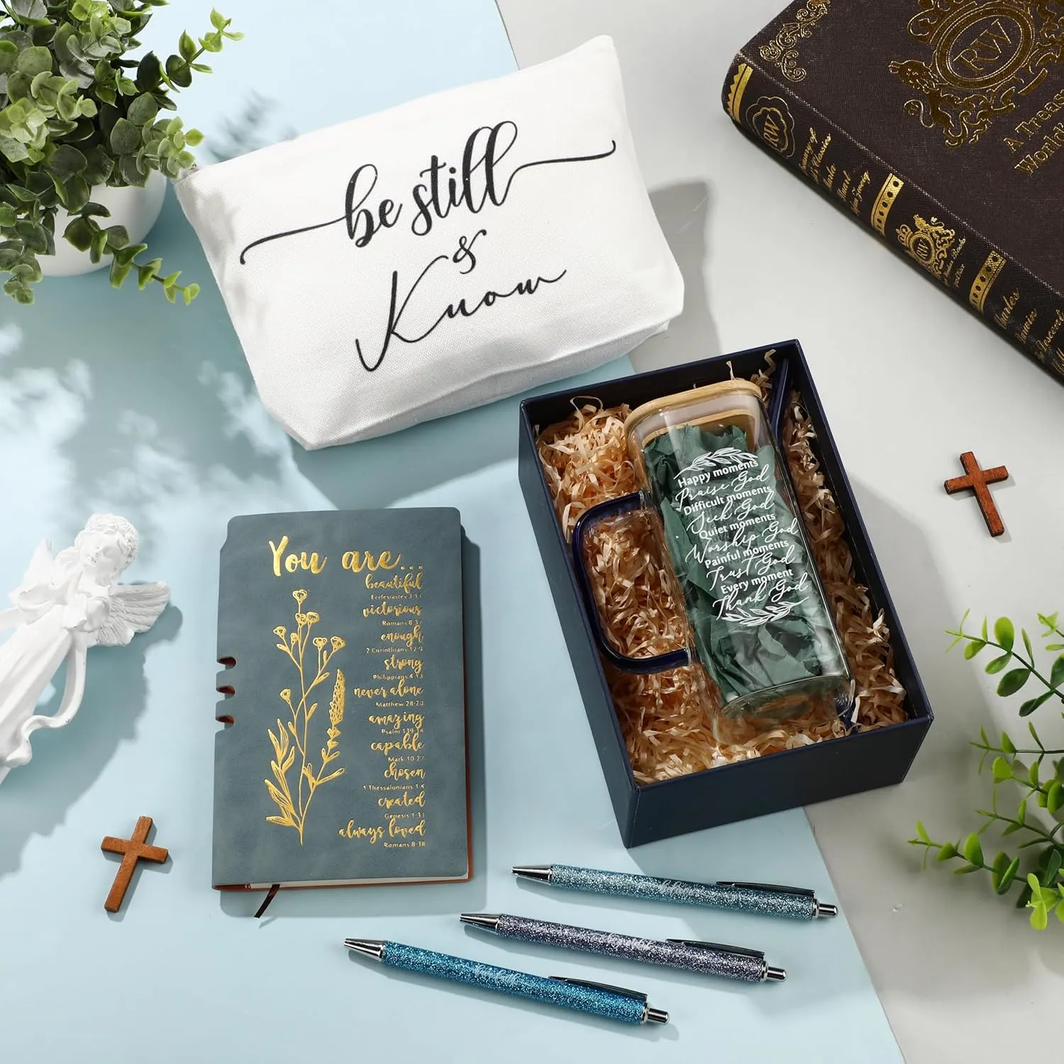 Skylety 6 Pcs Christian Gifts Prayer Journal with Pens Makeup Bag Glass Cup Bible Study Supplies Religious Appreciation Gifts for Women Men Employee Coworker(Blue)
