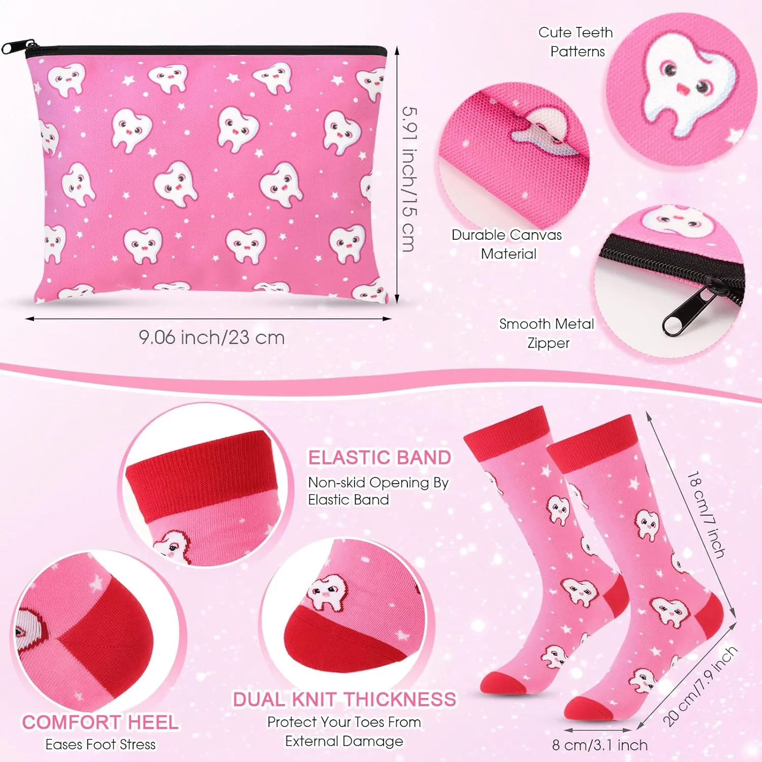 Sliner 4 Pcs Dental Assistant Gifts for Women Cute 12 oz Teeth Tumbler Cosmetic Bag Tooth Shape Keychain Novelty Crew Sock Birthday Graduation Nurse Week Gifts for Dental Hygienist Dentist(Pink)