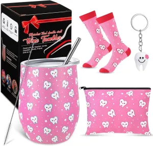 Sliner 4 Pcs Dental Assistant Gifts for Women Cute 12 oz Teeth Tumbler Cosmetic Bag Tooth Shape Keychain Novelty Crew Sock Birthday Graduation Nurse Week Gifts for Dental Hygienist Dentist(Pink)