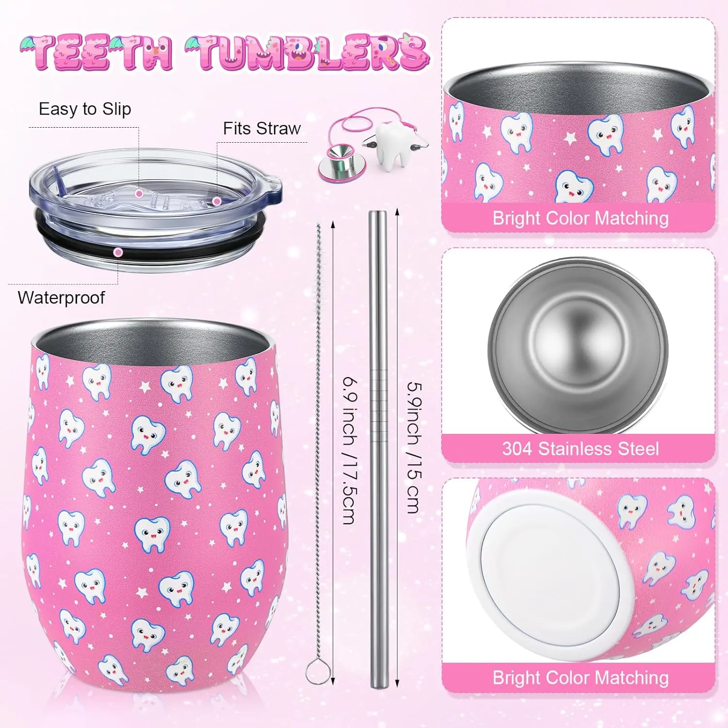 Sliner 4 Pcs Dental Assistant Gifts for Women Cute 12 oz Teeth Tumbler Cosmetic Bag Tooth Shape Keychain Novelty Crew Sock Birthday Graduation Nurse Week Gifts for Dental Hygienist Dentist(Pink)