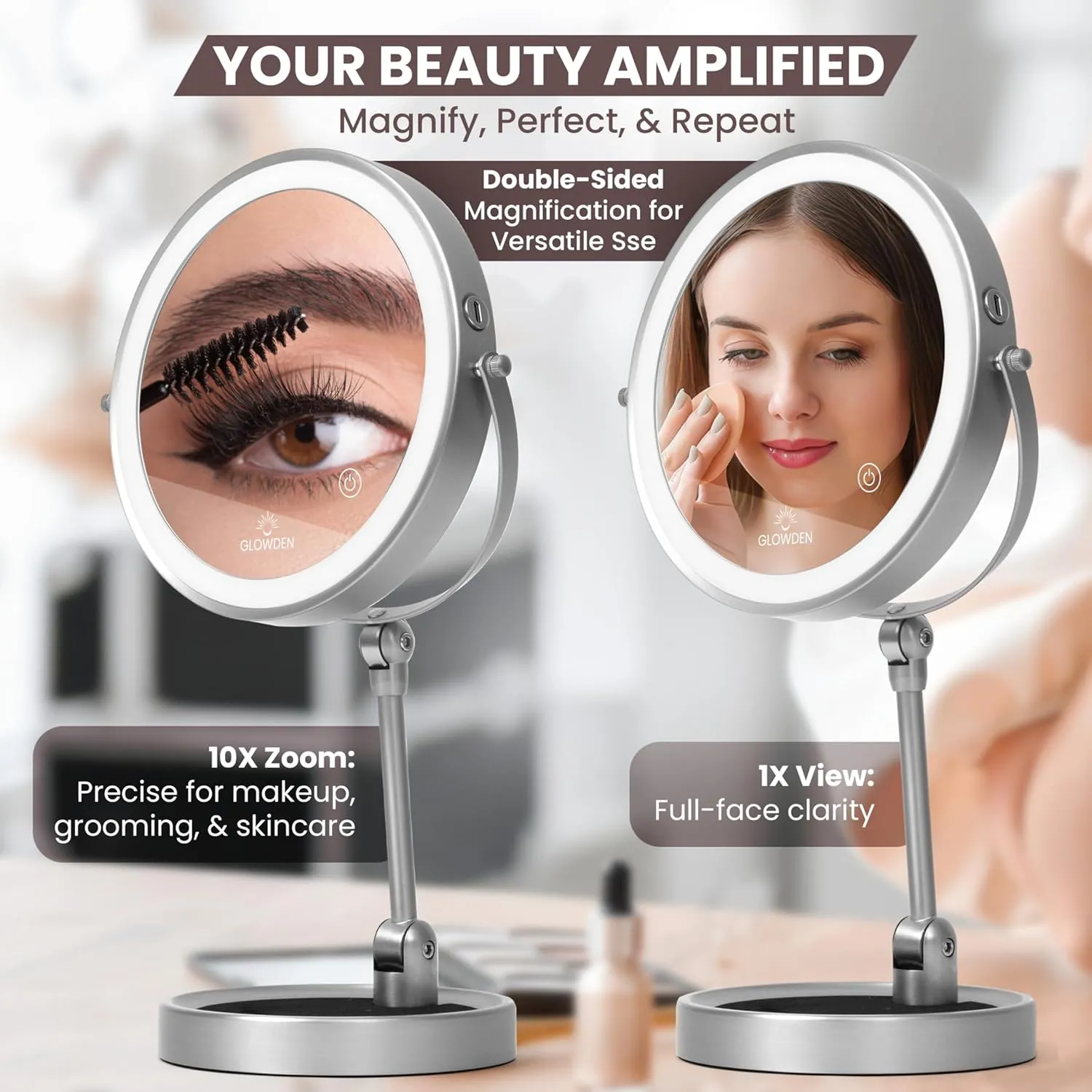 Smart 9" LED Light Makeup Mirror, Rechargeable, 1X/10X Magnifying Vanity Mirror with 3 Color Lights, Height Adjustable, Large Tall 360° Swivel Double Sided Standing Travel Mirror (Nickel)