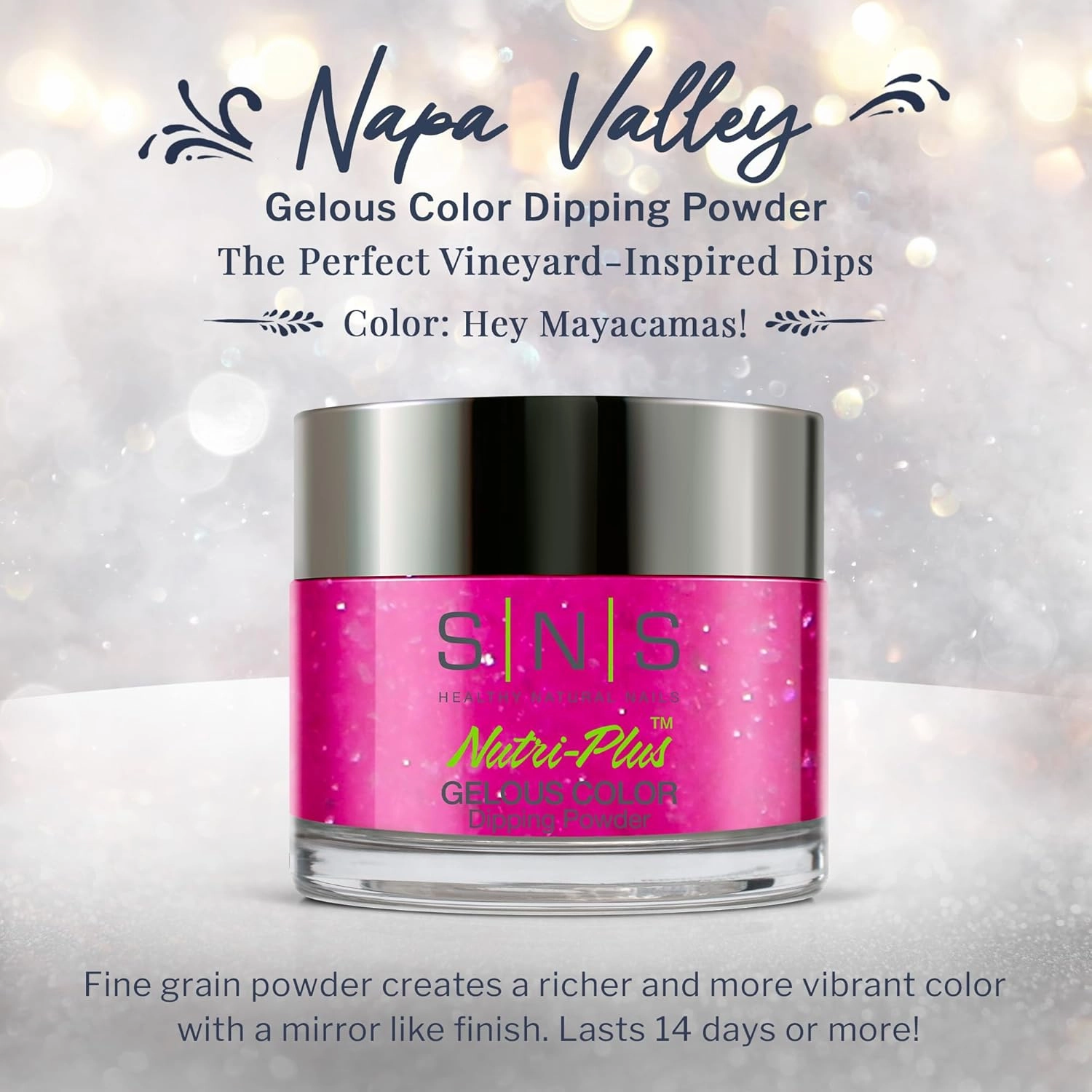 SNS Nail Dip Powder, Gelous Color Dipping Powder - Hey Mayacamas (Pink/Fuchsia, Glitter) - Long-Lasting Dip Nail Color Lasts 14 Days - Low-Odor & No UV Lamp Required - 1oz