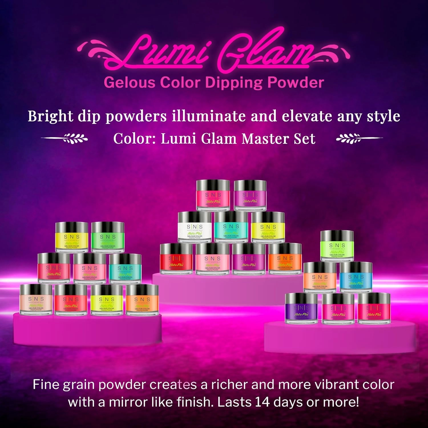 SNS Nails Dip Powder Kit, Gelous Color Dipping Powder Set - Lumi Glam Master 24-Piece Set - Long-Lasting Dip Powders Nail Color Lasts 14 Days - Low-Odor & No UV Lamp Required - 1 oz