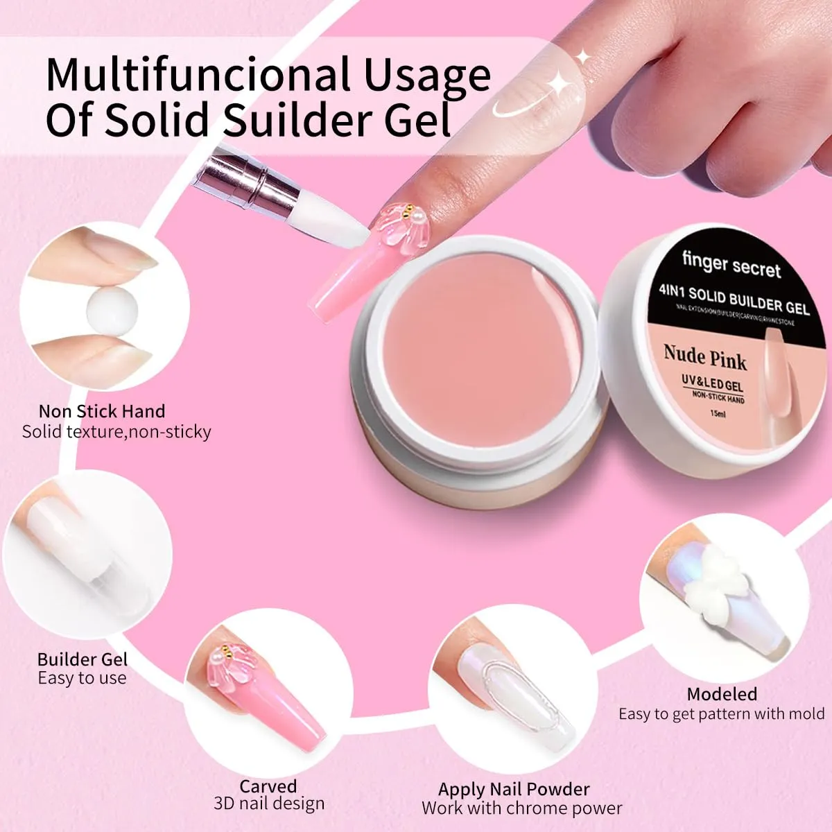 Solid Builder Gel for Nails, 15g Clear Hard Gel for Nails 3D Sculpting nail Gel Carvin Nail Extension Nail Art Salon Home Non-Sticky Hand (4 colors set c)