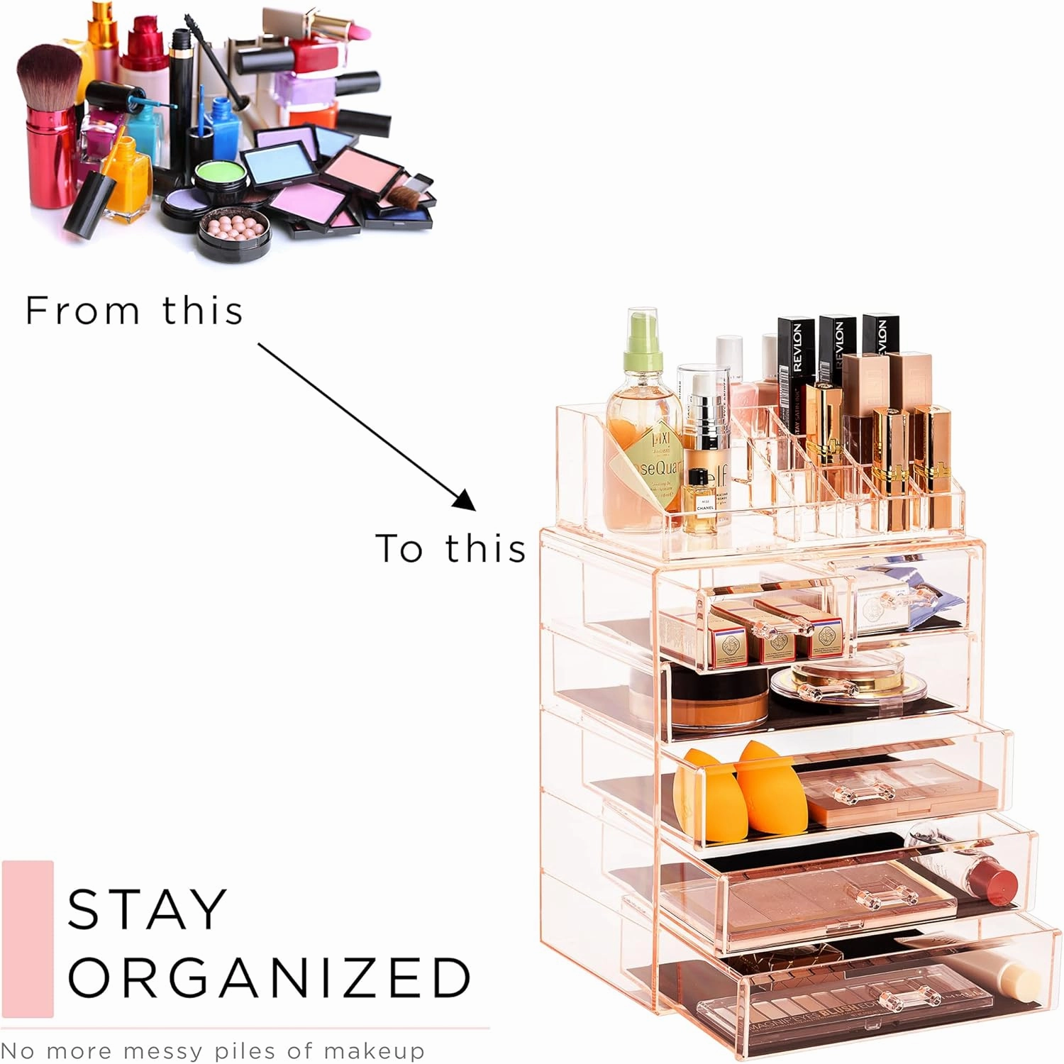 Sorbus Clear Cosmetic Makeup Organizer - Make Up & Jewelry Storage, Case & Display - Spacious Design - Great Holder for Dresser, Bathroom, Vanity & Countertop (4 Large, 2 Small Drawers) [Pink]