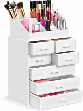 Sorbus Makeup Organizer, Brush Holder and Make Up Storage Drawers - Acrylic Makeup organizer for vanity, Bathroom - Cosmetic Display Cases with 3 large, 4 Small Drawers & 1 Tray for Makeup Brush