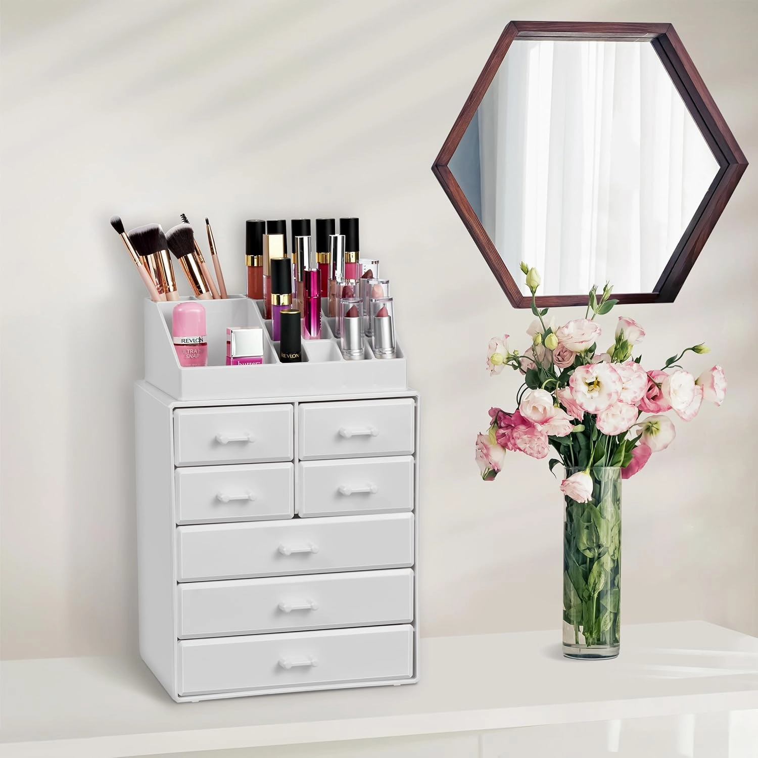 Sorbus Makeup Organizer, Brush Holder and Make Up Storage Drawers - Acrylic Makeup organizer for vanity, Bathroom - Cosmetic Display Cases with 3 large, 4 Small Drawers & 1 Tray for Makeup Brush