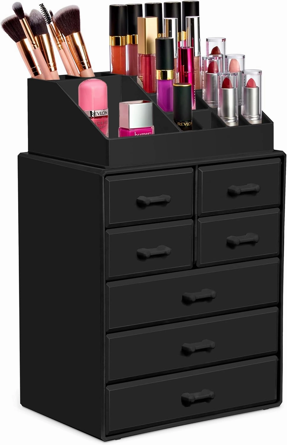 Sorbus Makeup Organizer, Brush Holder and Make Up Storage Drawers - Acrylic Makeup organizer for vanity, Bathroom - Cosmetic Display Cases with 3 large, 4 Small Drawers & 1 Tray for Makeup Brush