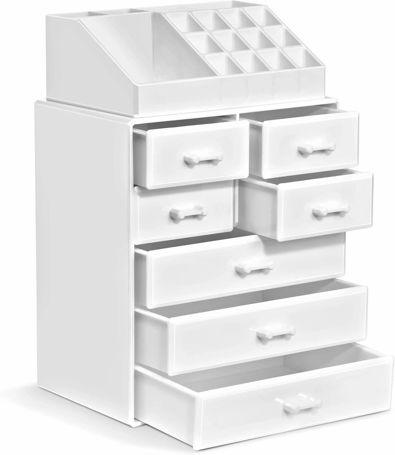 Sorbus Makeup Organizer, Brush Holder and Make Up Storage Drawers - Acrylic Makeup organizer for vanity, Bathroom - Cosmetic Display Cases with 3 large, 4 Small Drawers & 1 Tray for Makeup Brush