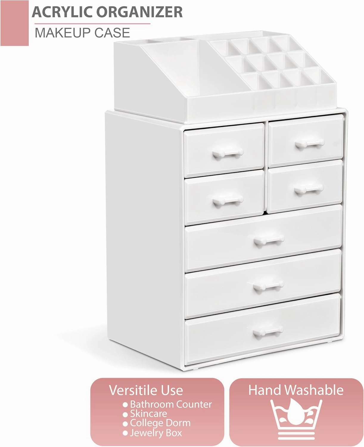 Sorbus Makeup Organizer, Brush Holder and Make Up Storage Drawers - Acrylic Makeup organizer for vanity, Bathroom - Cosmetic Display Cases with 3 large, 4 Small Drawers & 1 Tray for Makeup Brush