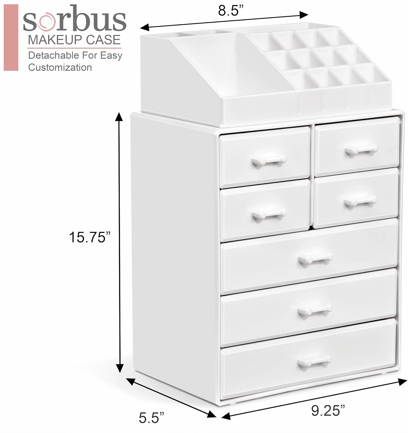 Sorbus Makeup Organizer, Brush Holder and Make Up Storage Drawers - Acrylic Makeup organizer for vanity, Bathroom - Cosmetic Display Cases with 3 large, 4 Small Drawers & 1 Tray for Makeup Brush