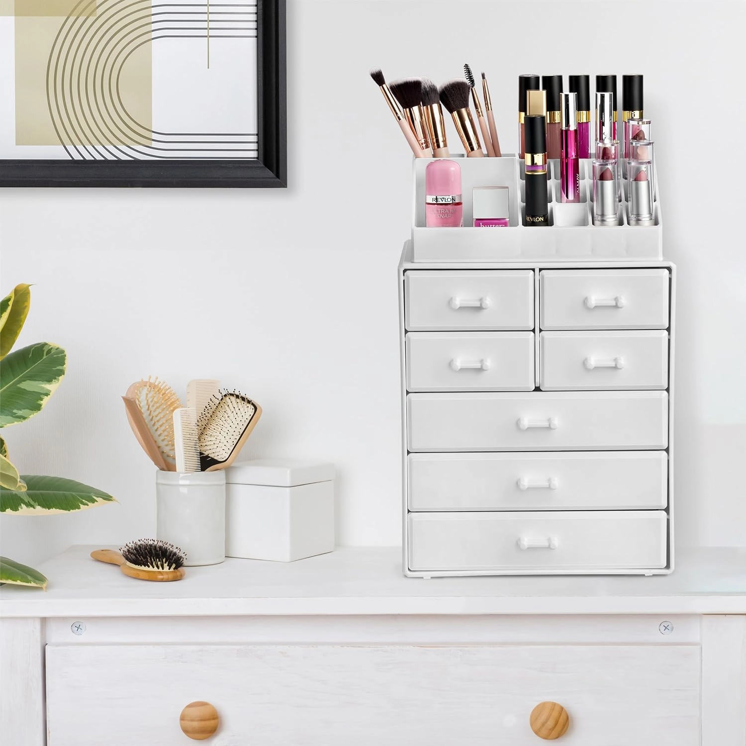 Sorbus Makeup Organizer, Brush Holder and Make Up Storage Drawers - Acrylic Makeup organizer for vanity, Bathroom - Cosmetic Display Cases with 3 large, 4 Small Drawers & 1 Tray for Makeup Brush