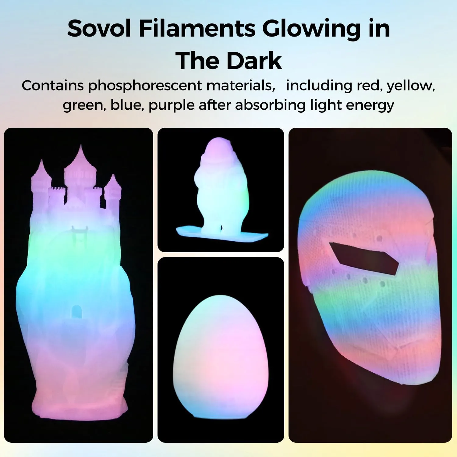 Sovol 3D Printer Glow in The Dark Filament Gradient Multicolor Fast Change PLA 1kg (2.2 lbs) Spool 3D Printing Materials, Dimensional Accuracy  /- 0.03 mm, 1.75 mm, Glow Multicolored