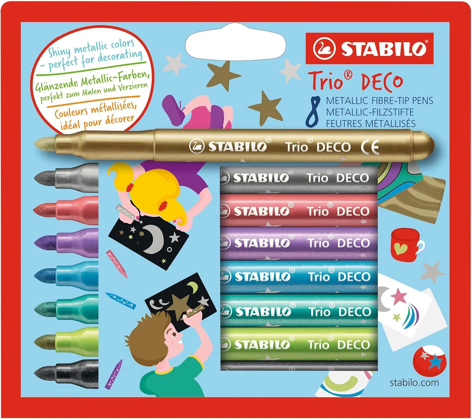 STABILO Metallic Fibre-Tip Pen Trio Deco - Pack of 8 - Assorted colours