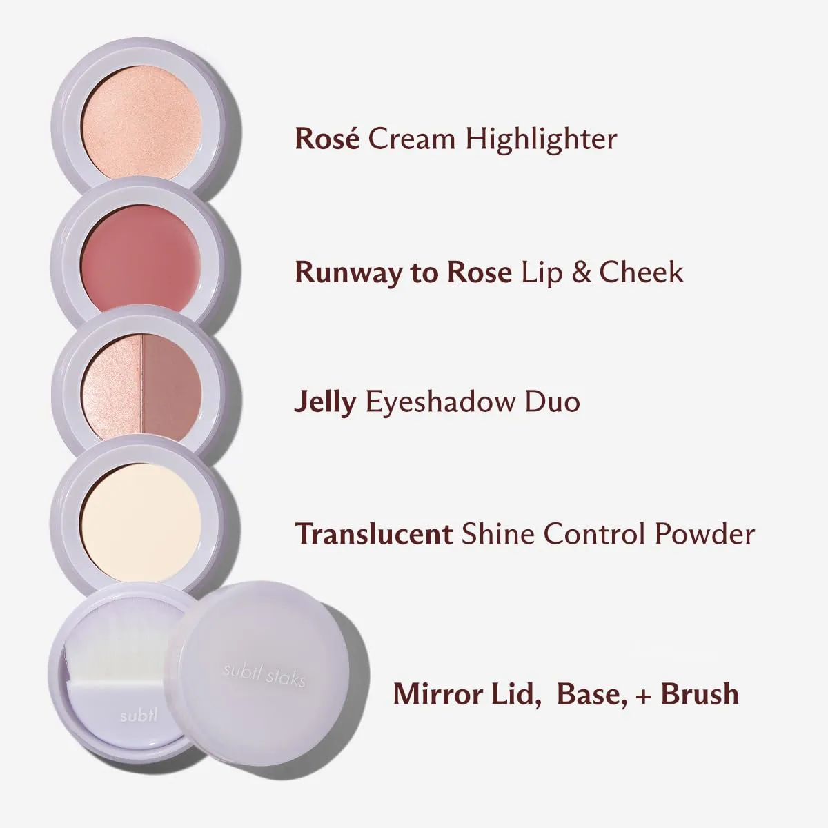 Subtl Beauty 4-in-1 travel makeup kit by subtl staks | eyeshadow duo, shine control powder, cream highlighter, lip and cheek | includes mirror lid and mini brush | stackable makeup designed for travel