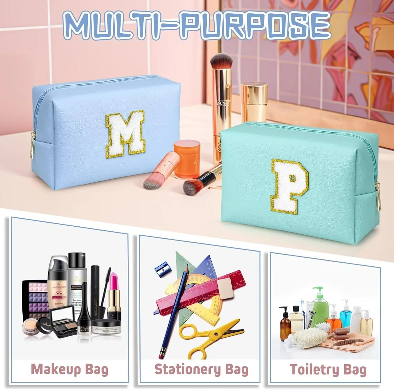 TOPEAST Initial Makeup Bag for Travel, Chenille Letter Pouch Cosmetic Bag, PU Leather Waterproof Toiletry Bag, Personalized Gifts for Bride Bridemaids, Cute Things for Girls (Sky Blue Q)