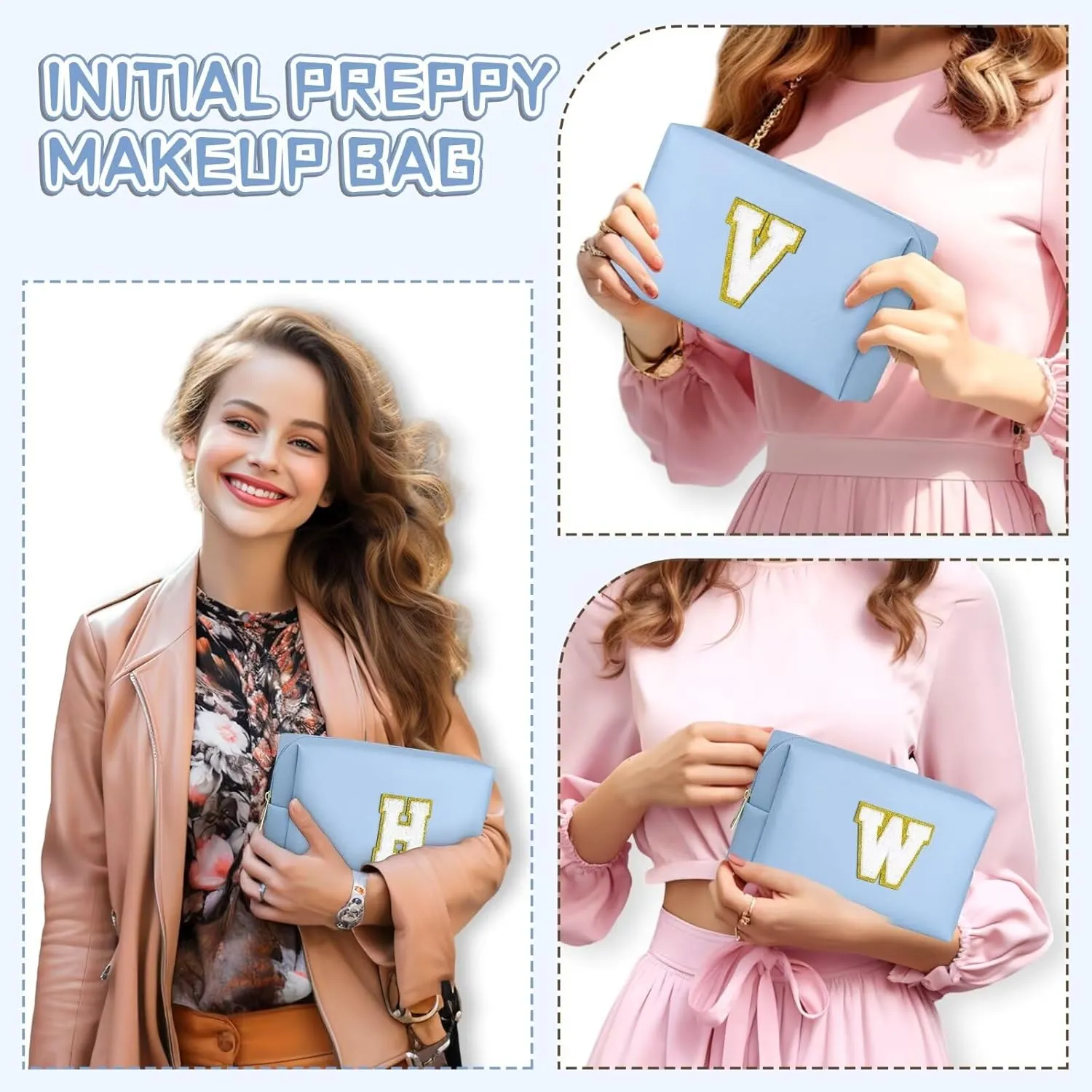 TOPEAST Initial Makeup Bag for Travel, Chenille Letter Pouch Cosmetic Bag, PU Leather Waterproof Toiletry Bag, Personalized Gifts for Bride Bridemaids, Cute Things for Girls (Sky Blue Q)