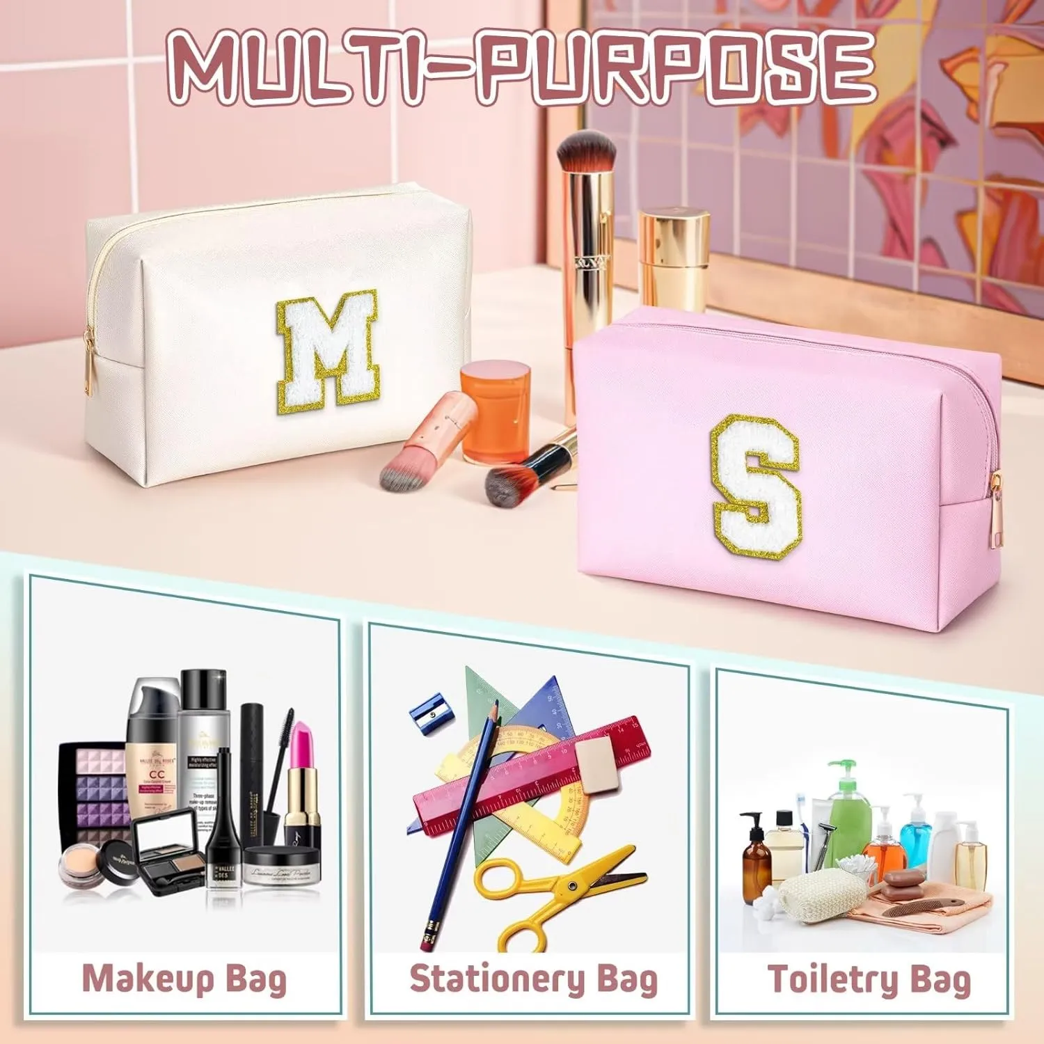 TOPEAST Initial Makeup Bag for Travel, Chenille Letter Pouch Cosmetic Bag, PU Leather Waterproof Toiletry Bag, Personalized Gifts for Bride Bridemaids, Cute Things for Girls (White Q)