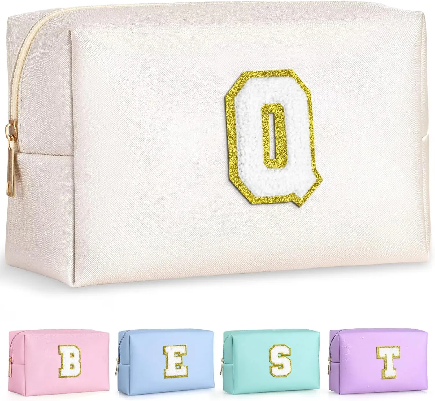 TOPEAST Initial Makeup Bag for Travel, Chenille Letter Pouch Cosmetic Bag, PU Leather Waterproof Toiletry Bag, Personalized Gifts for Bride Bridemaids, Cute Things for Girls (White Q)
