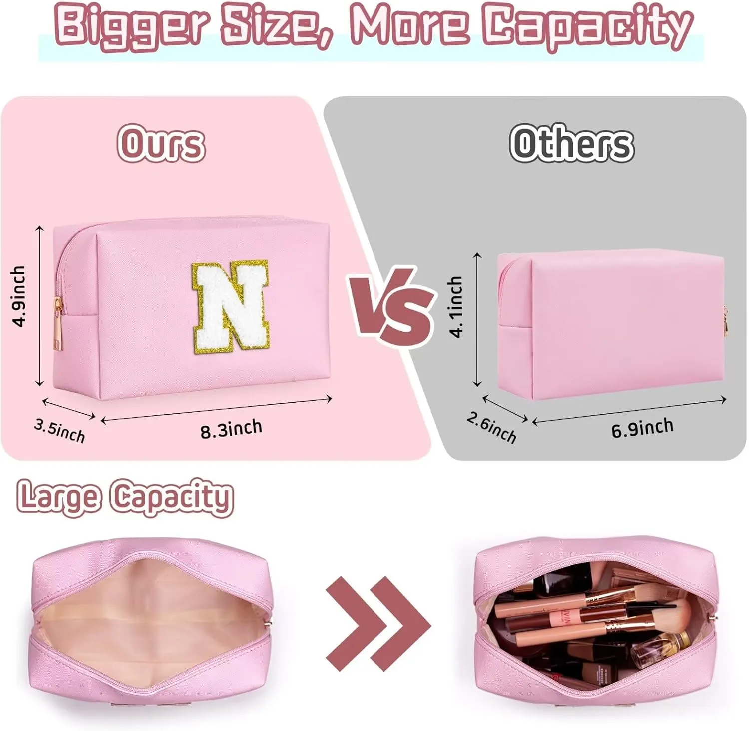 TOPEAST Preppy Makeup Bag, Cute Makeup Pouch PU Leather Waterproof Cosmetic Bag, Personalized Birthday Gifts for Mom Teacher Friends Bridesmaids Nurse, Trendy Stuff for Girls (Pink I)