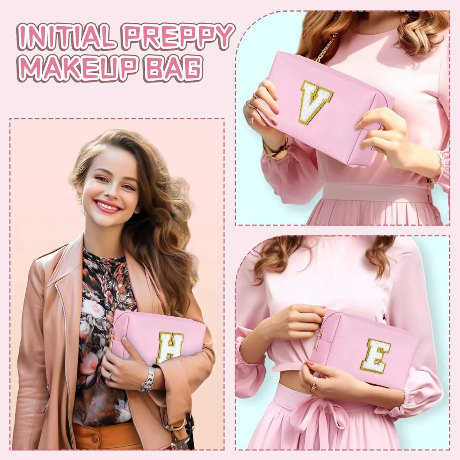 TOPEAST Preppy Makeup Bag, Cute Makeup Pouch PU Leather Waterproof Cosmetic Bag, Personalized Birthday Gifts for Mom Teacher Friends Bridesmaids Nurse, Trendy Stuff for Girls (Pink I)