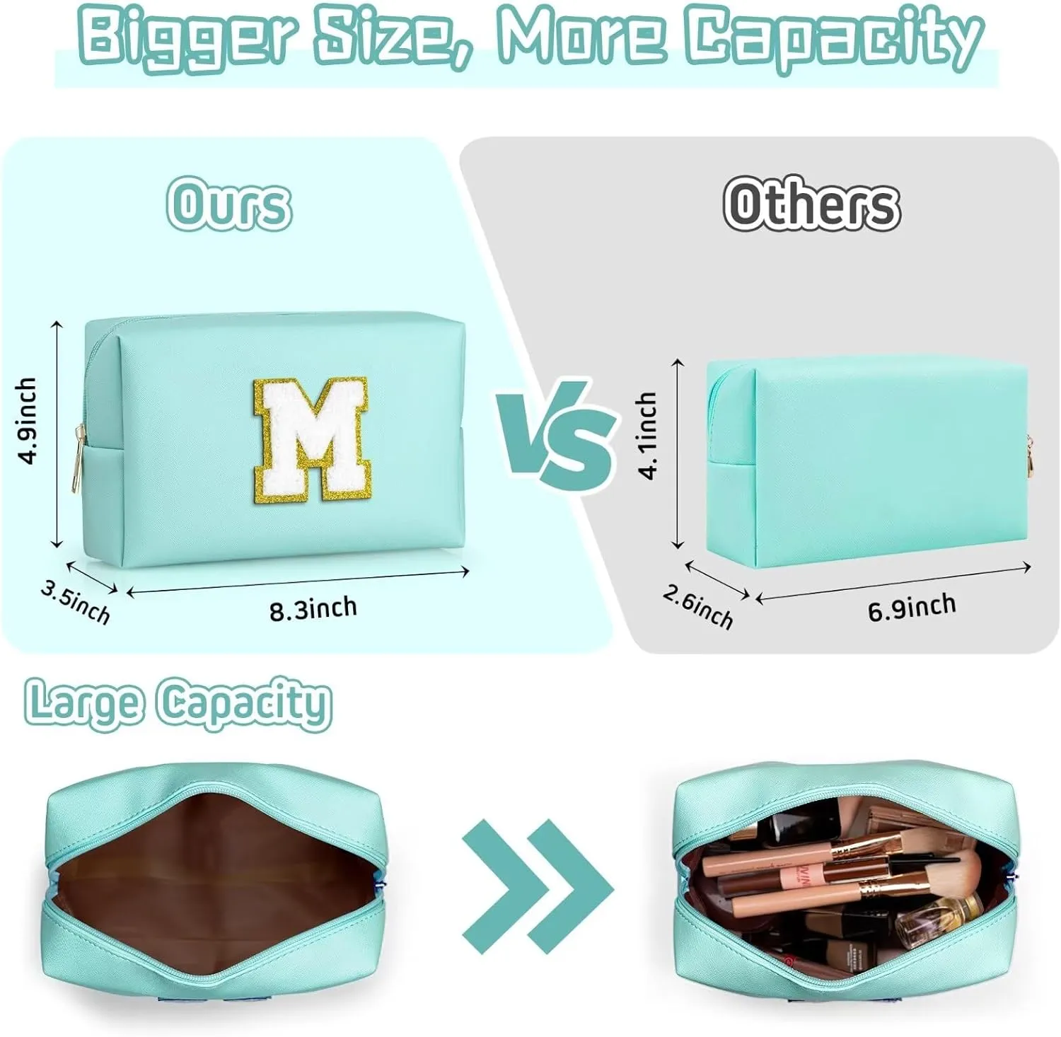 TOPEAST Travel Makeup Bag, Personalized Initial Toiletry Bag w Zipper, Cute Makeup Pouch, PU Leather Waterproof Cosmetic Bag, Birthday Gift for Daughter, Preppy Things for Girls (Blue G)