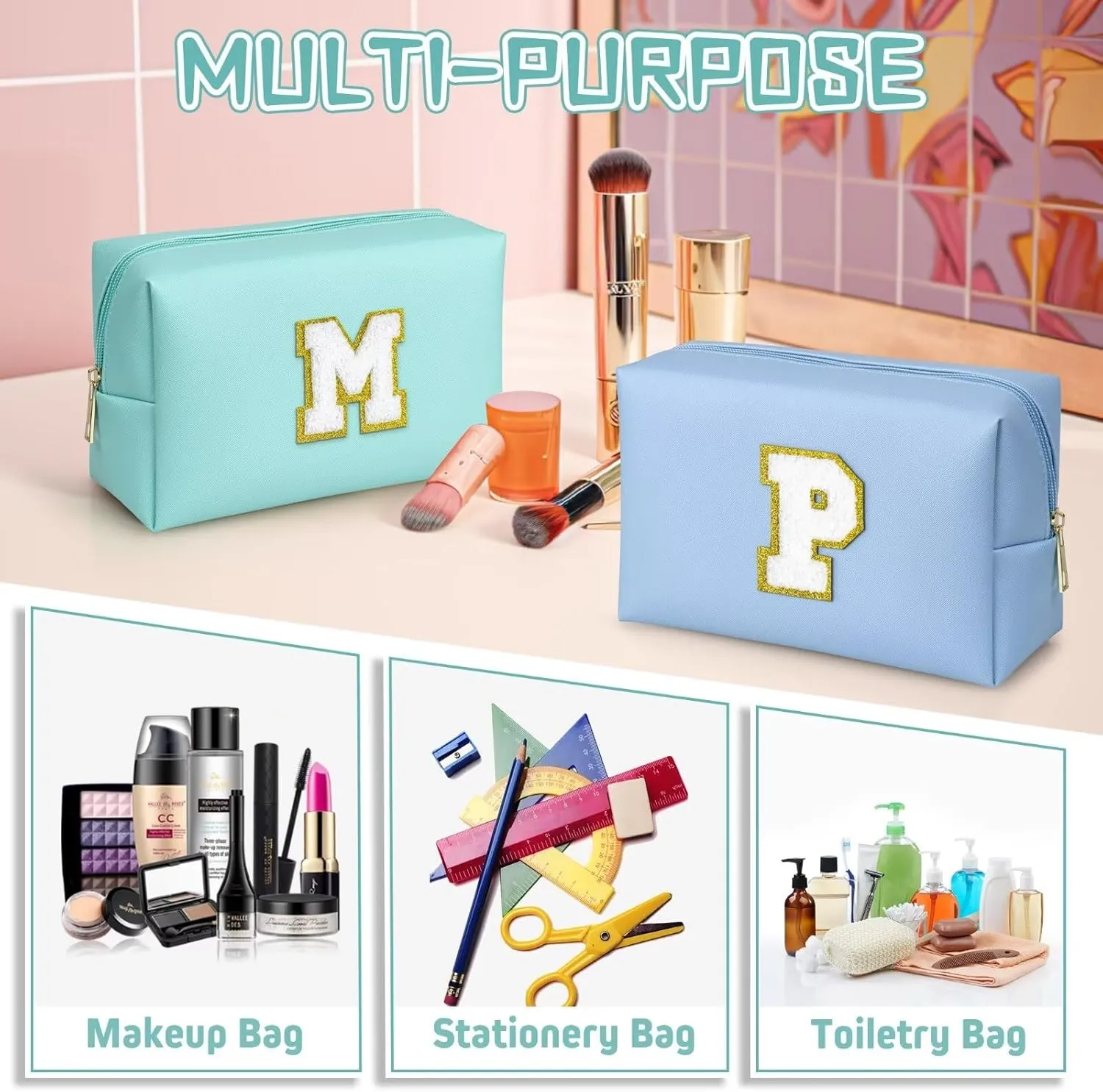 TOPEAST Travel Makeup Bag, Personalized Initial Toiletry Bag w Zipper, Cute Makeup Pouch, PU Leather Waterproof Cosmetic Bag, Birthday Gift for Daughter, Preppy Things for Girls (Blue G)