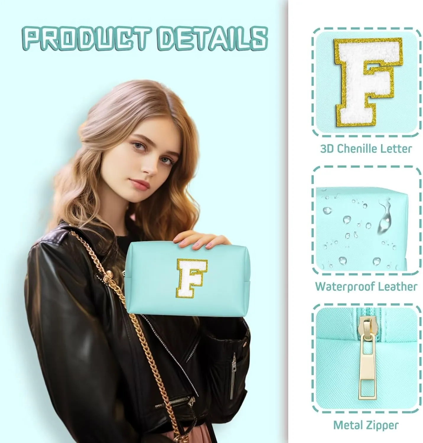 TOPEAST Travel Makeup Bag, Personalized Initial Toiletry Bag w Zipper, Cute Makeup Pouch, PU Leather Waterproof Cosmetic Bag, Birthday Gift for Daughter, Preppy Things for Girls (Blue G)
